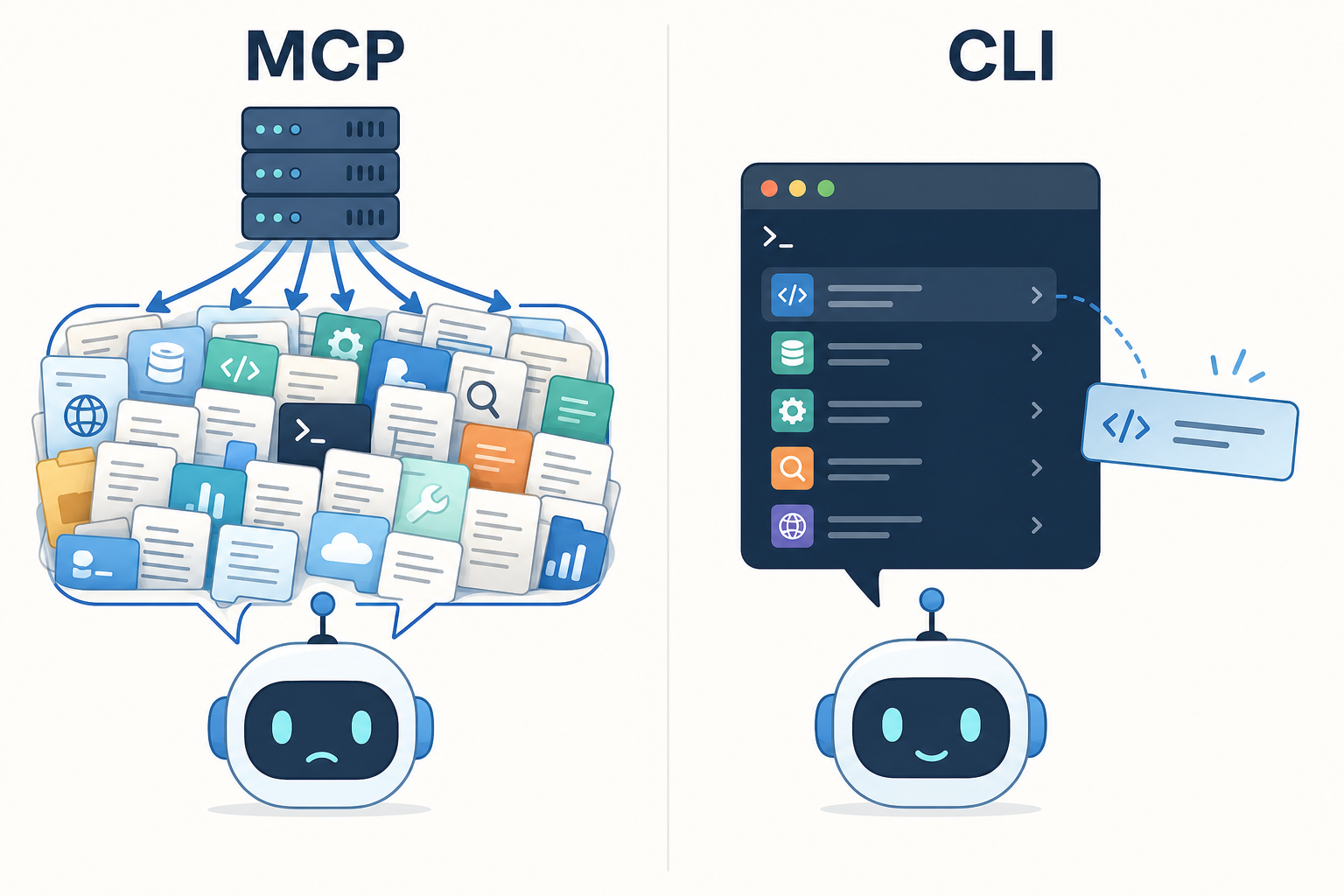 MCP 工具定义全量注入 vs CLI 按需发现的对比示意