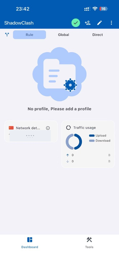 ShadowClash 主面板,Rule/Global/Direct 三种模式与 Network details / Traffic usage 卡片