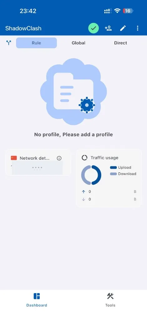 ShadowClash 主面板,Rule/Global/Direct 三种模式与 Network details / Traffic usage 卡片