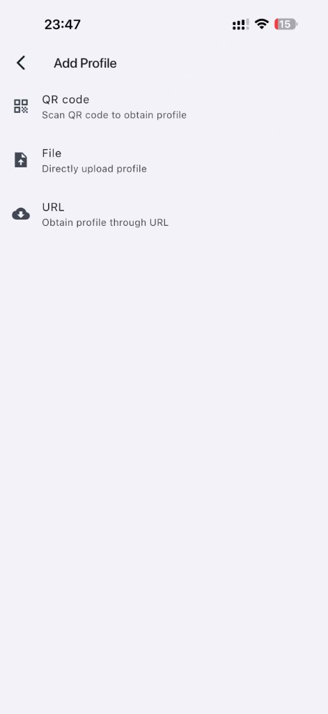 ShadowClash Add Profile 页面:QR code / File / URL 三种导入方式